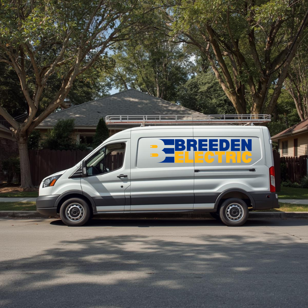 White Breeden Electric Van in a residential neighborhood.